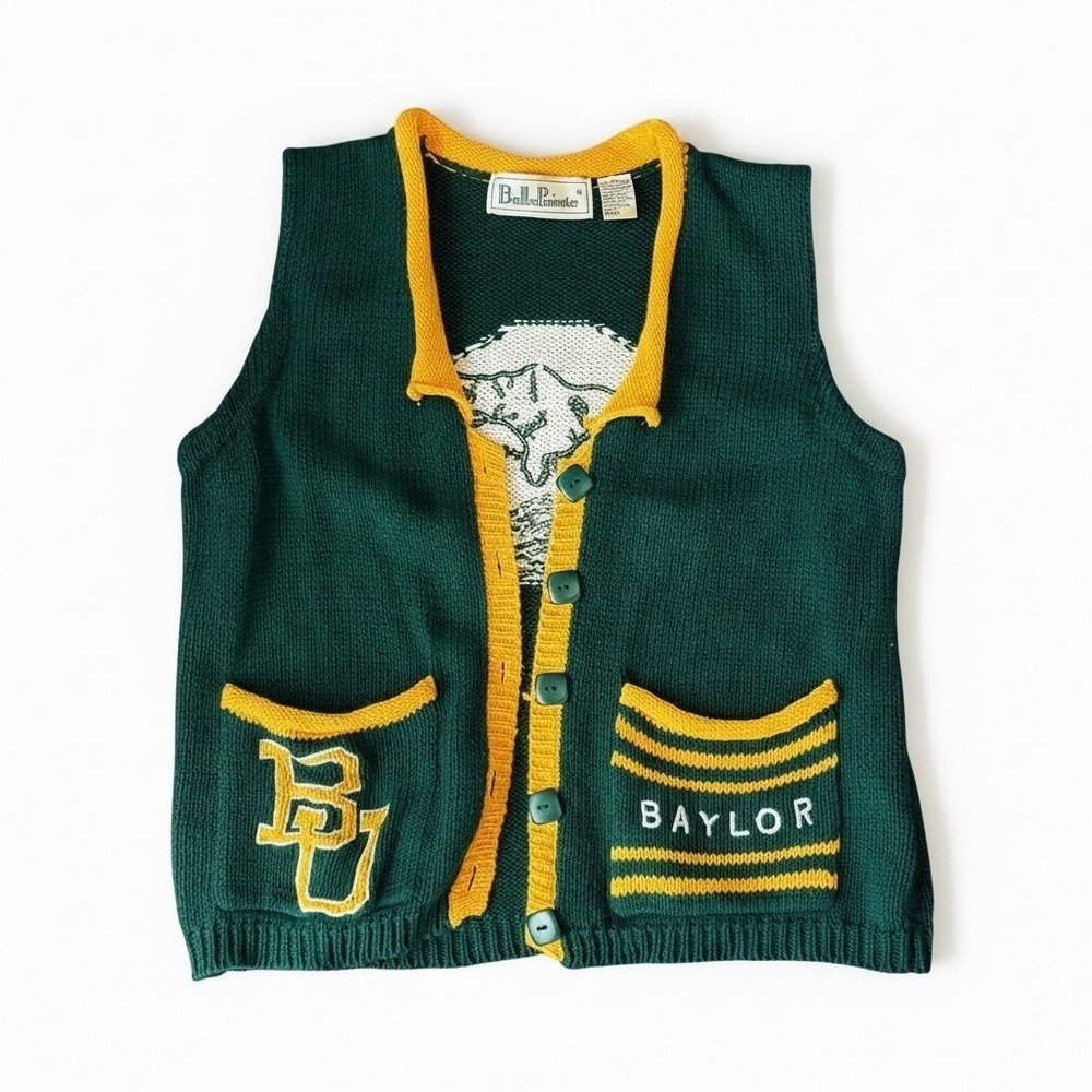 Vintage BellePointe Baylor University Bears Sweater Vest Mens M Green Gold Trim